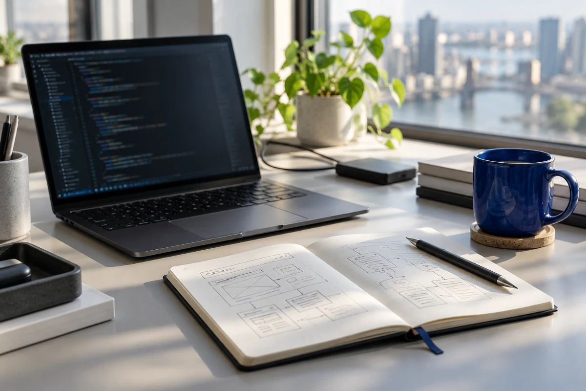 Illustrative engineering workspace with a laptop, notebook, and blue ceramic cup