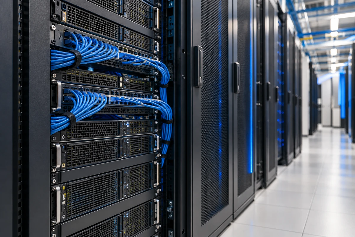 Illustrative server infrastructure with organized equipment and network cables