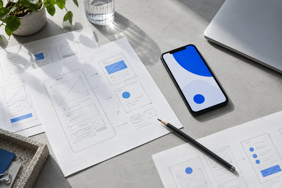 Illustrative product design desk with interface sketches and a mobile device