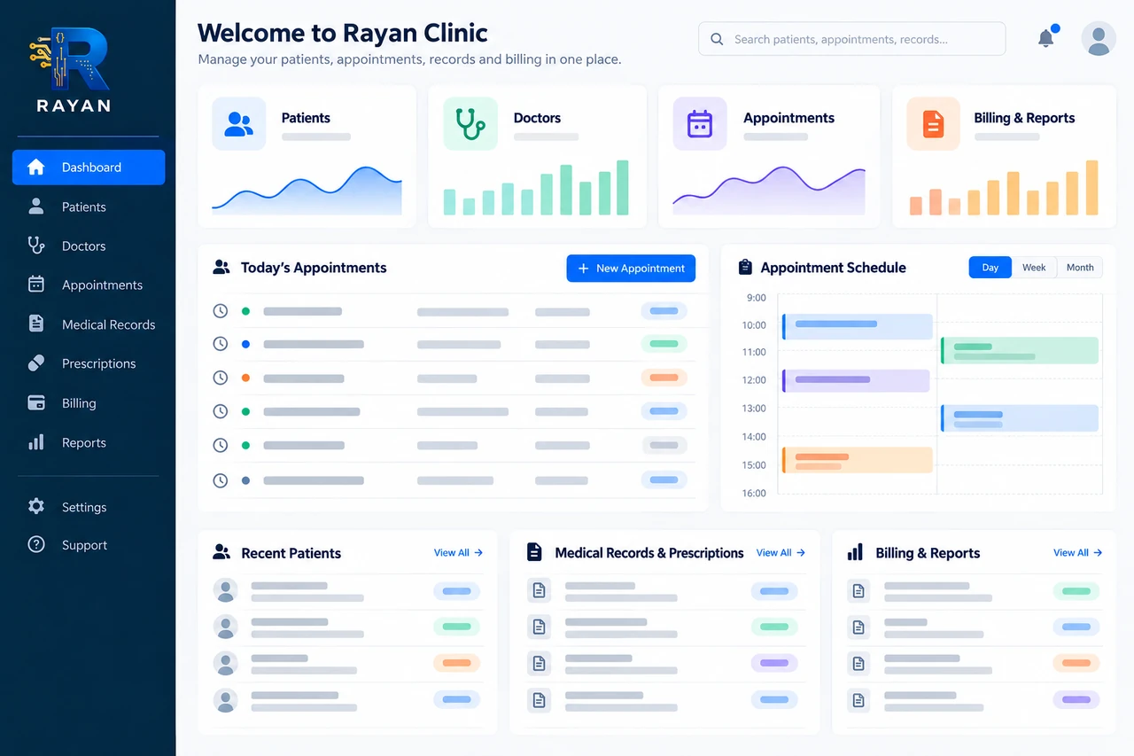Clinic Management System — generated dashboard preview with Rayan branding
