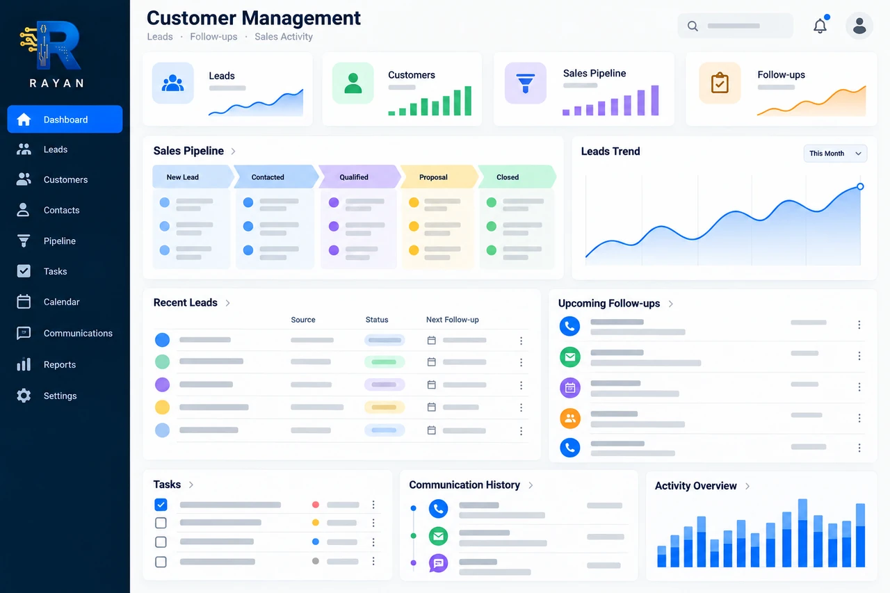 CRM & Customer Management — generated dashboard preview with Rayan branding