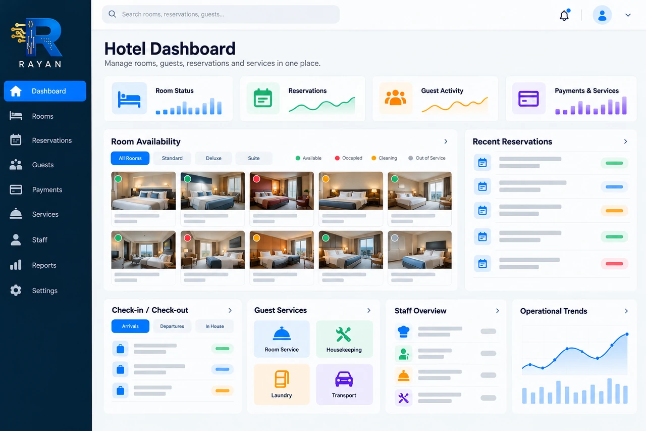 Hotel & Hospitality Management — generated dashboard preview with Rayan branding