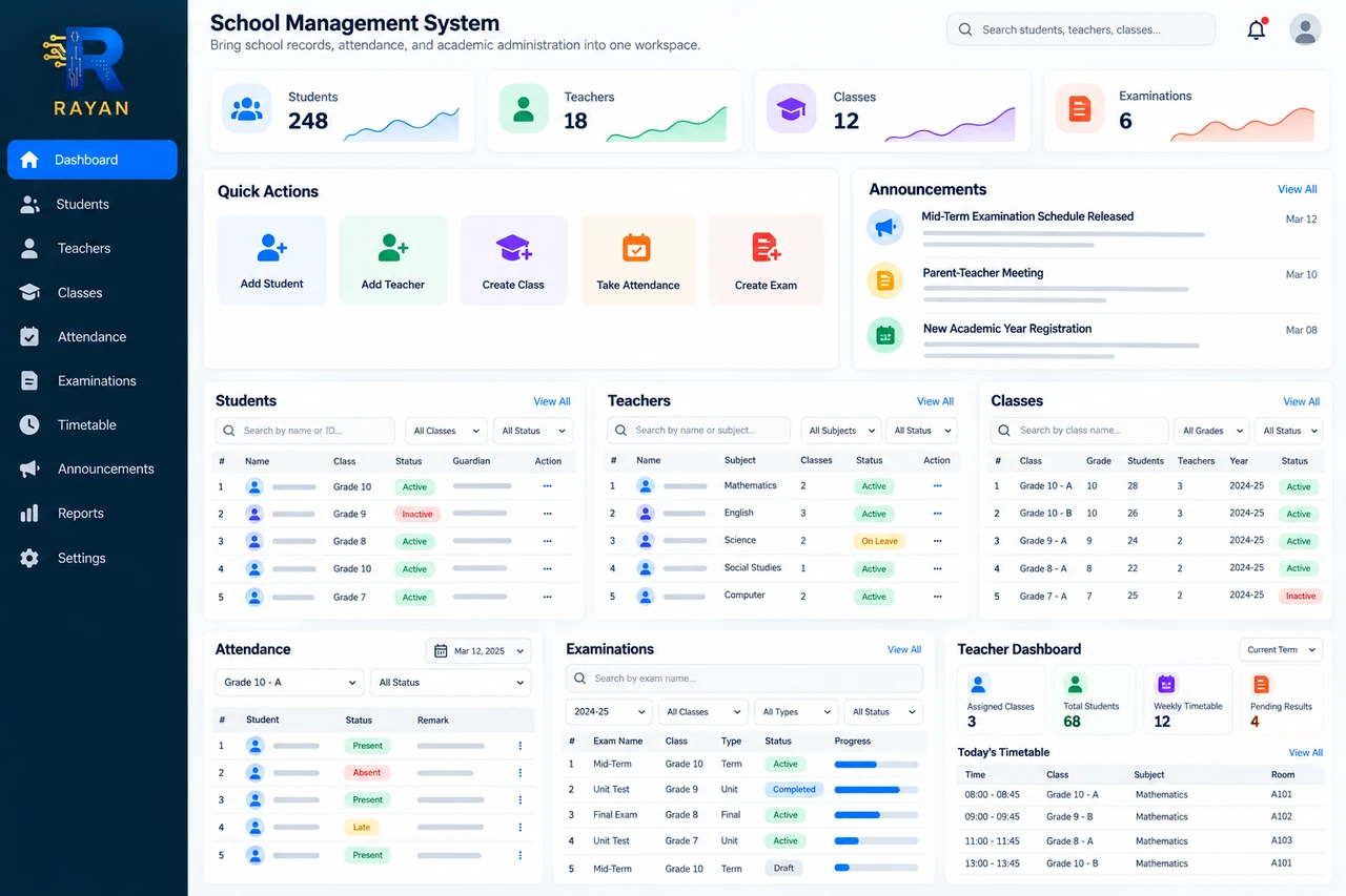 School Management System — generated dashboard preview with Rayan branding