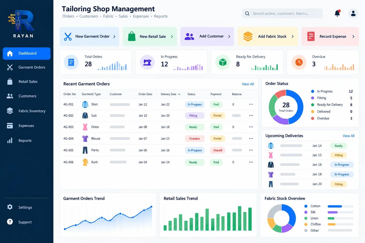 Tailoring Shop Management — generated dashboard preview with Rayan branding