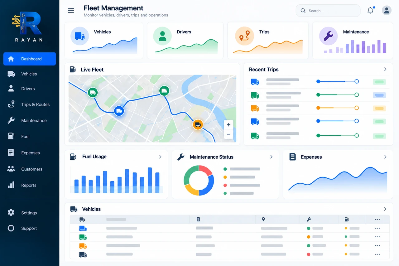 Transport & Fleet Management — generated dashboard preview with Rayan branding